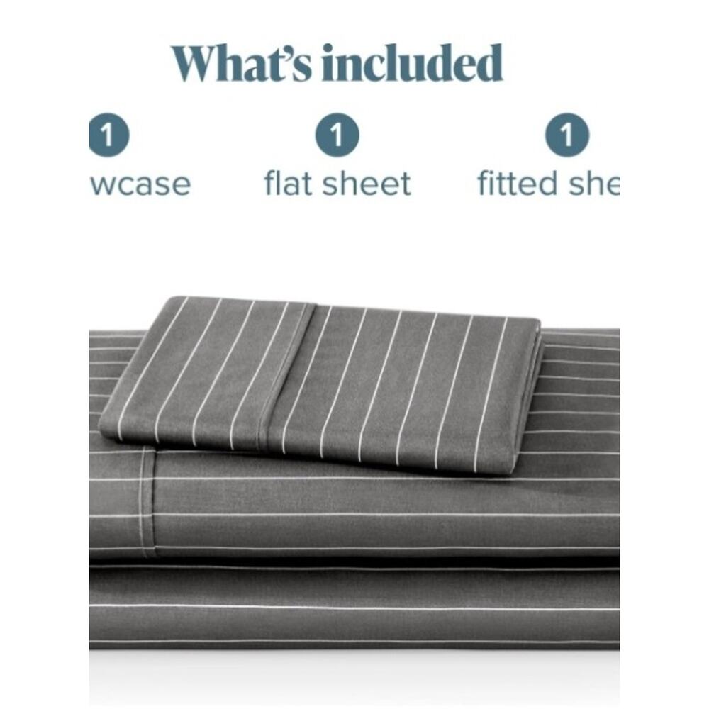 Bare Home Charcoal Pinstripe Cotton Sheet Set - Soft Bedding - Picture 2 of 3